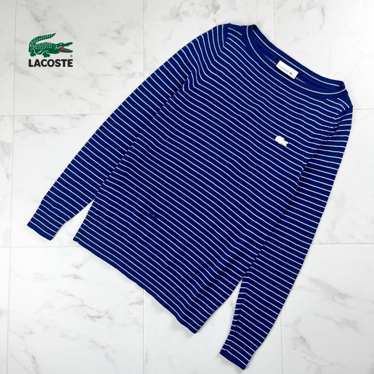 美品 LACOSTE ラコステ ウール100% ボーダー柄ニットソー 長袖 ワッペン トップス メンズ 青 ブルー サイズ34*MC1126_画像1