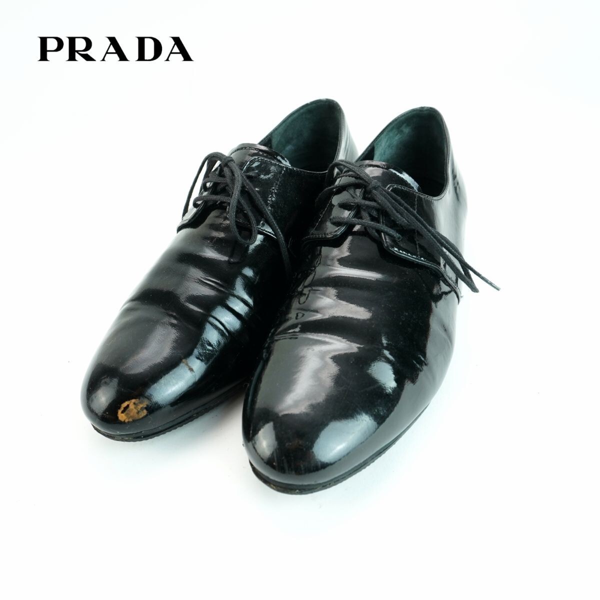 PRADA プラダ 35 1/2 22.5~23.0 ローファー レースアップ エナメル 黒 ブラック/MC134