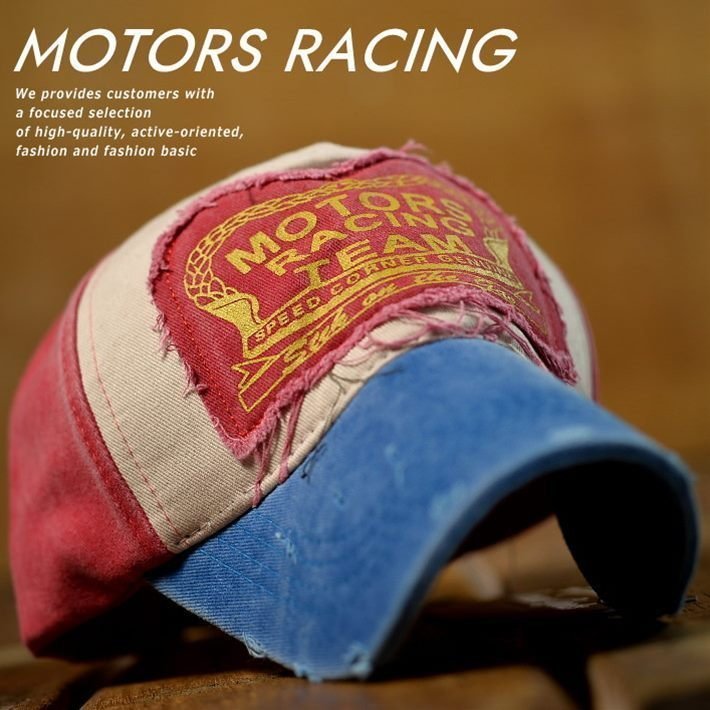 MOTORS RACING キャップ 帽子 メンズ レディース Vintage DESTOROYED ダメージ加工 7990349 9009978 M-8 ブルー 新品 1円 スタート_画像1