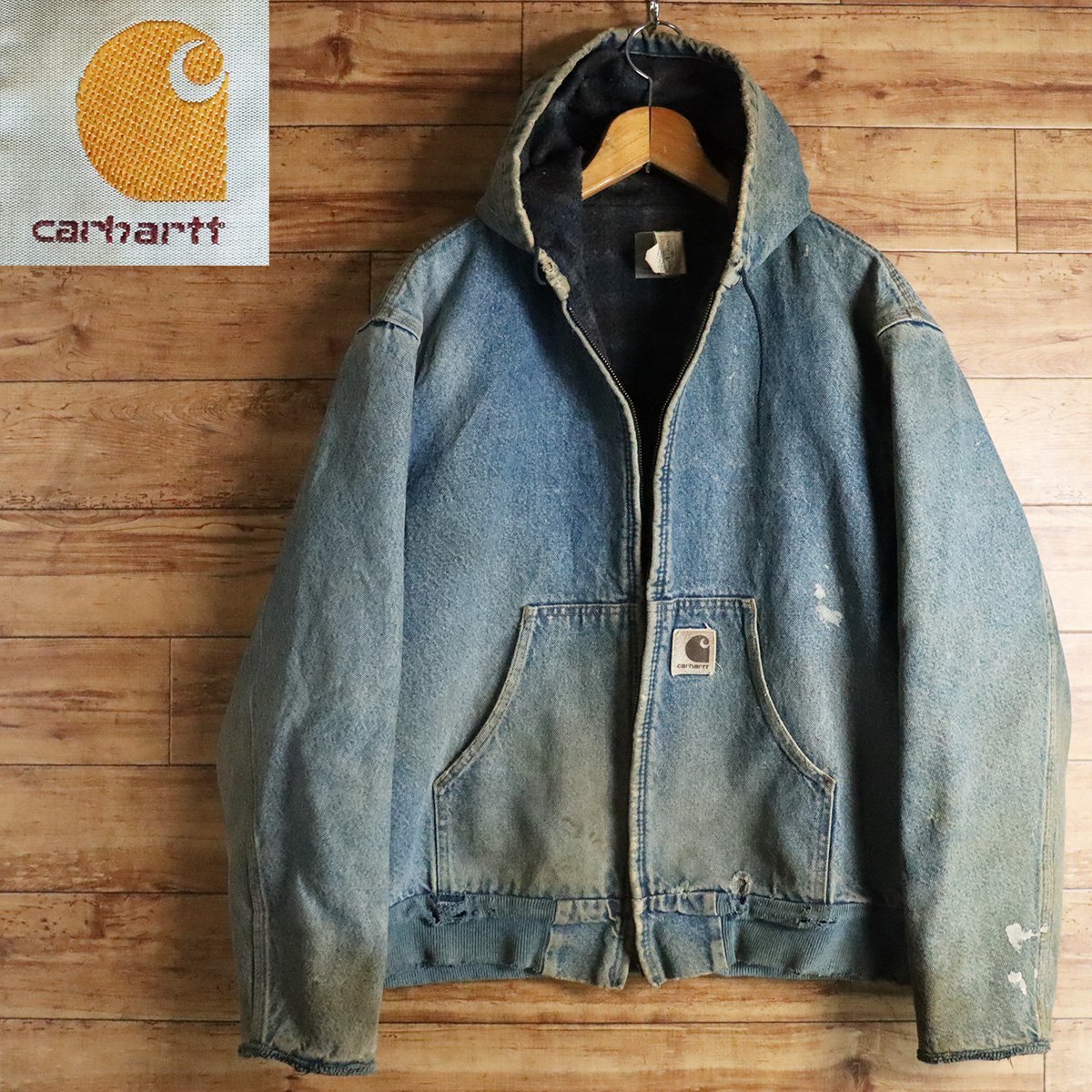 A3T/R2.2-5　アメリカ古着　米国製　Carhartt　カーハート　裏ブランケット　デニム　ジップパーカー　ワーク　アクティブジャケット_画像1