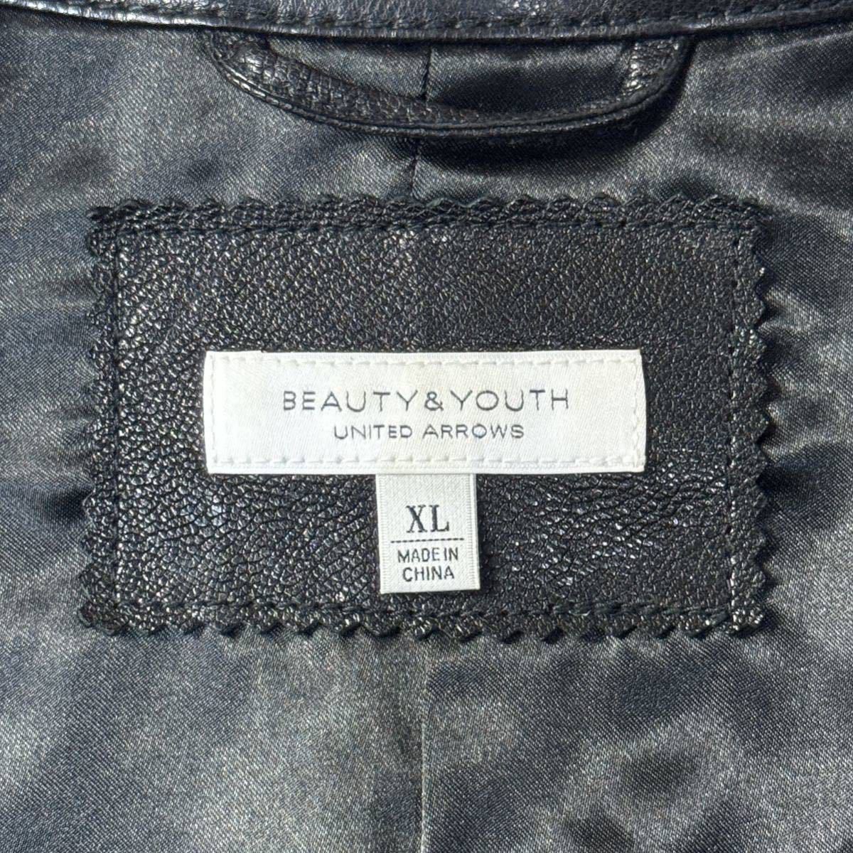 美品/XLサイズ★ユナイテッドアローズ/BEAUTY＆YOUTH 山羊革 レザー シングルライダース ジャケット ブルゾン ダブルジップ メンズ 黒_画像8