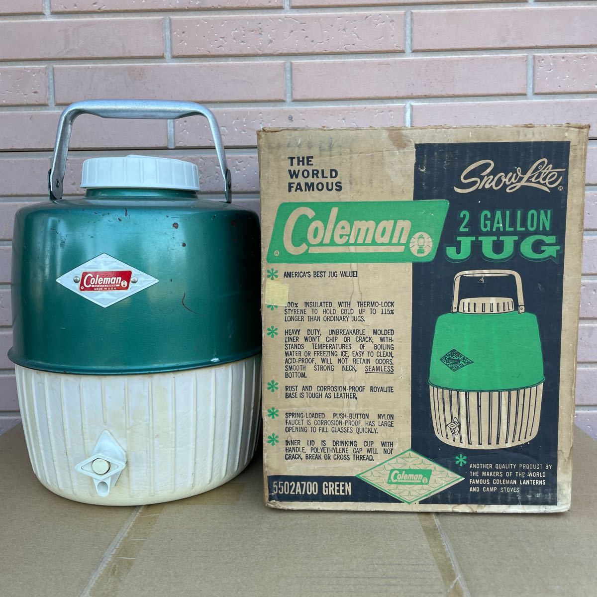 極上 60'S Coleman 箱付き ダイヤロゴ スチールベルト ジャグ 2ガロン 緑 コールマン ヴィンテージ US/キャンプ クーラーボックス ランタン