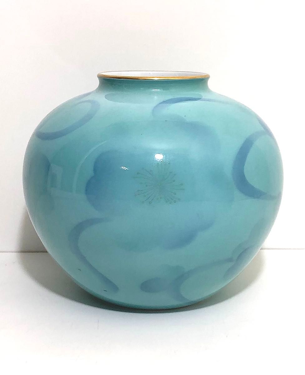 深川製磁 色絵彩磁 花瓶/壺】金縁 宮内庁御用達 ターコイズ 深川製磁 色絵彩磁 花瓶/壺】金縁 宮内庁御用達 ターコイズ