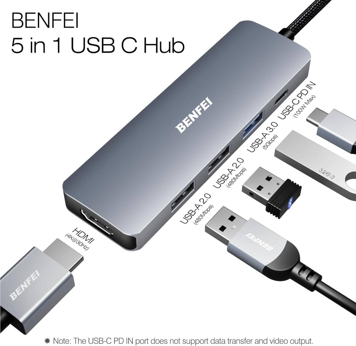 BENFEI 5in1 USB C ハブ、4K HDMI、3 USB-A、100W パワーデリバリー、シリコンおよび織物デザインケーブル、アルミニウムケースの画像3