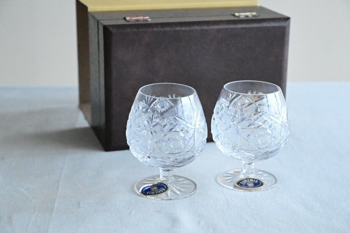 【美品】ボヘミア ワイングラス ブランデーグラス クリスタル 切子 カットガラス ペアグラス BOHEMIA