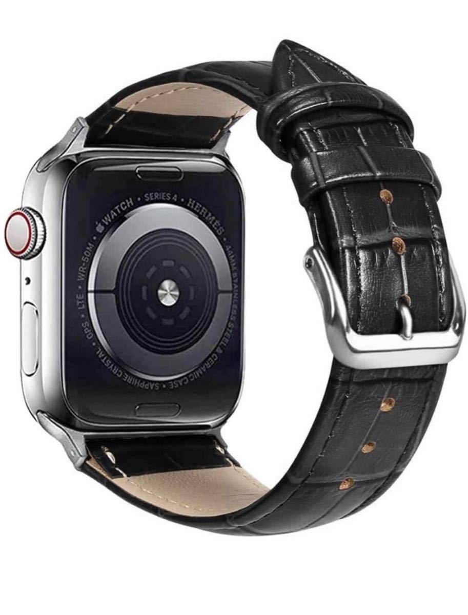 Apple Watch アップルウォッチバンド 交換 レザーベルト 革クロコ型押し替えベルト42/44/45/49mm シリーズ2345678SE対応 黒 ブラックの画像2