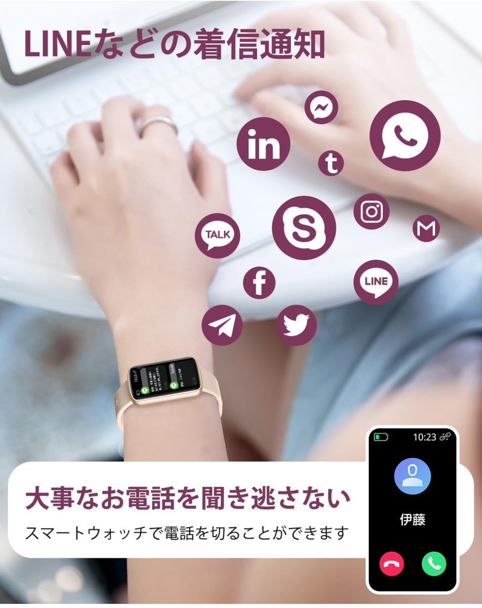 スマートウォッチ レディース リストバンド 型 腕時計 iPhone/Android対応 Smart Watch 着信通知 女子生理サイクル記録 IP68防水 ピンク_画像3