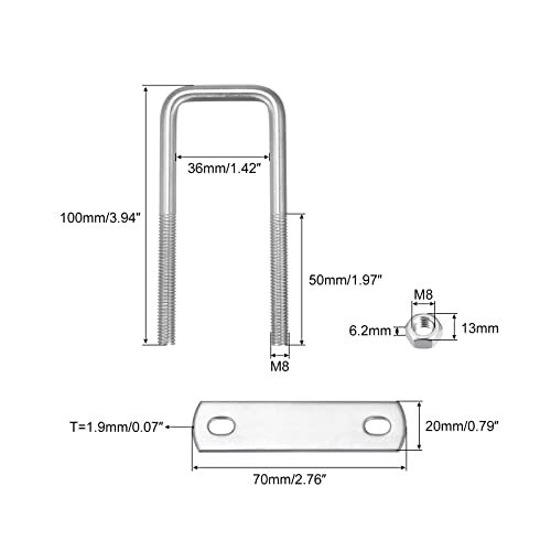 スクエアUボルト 304ステンレス鋼 36 mm内幅 100 mm長さ M8 Uクランプボルト ナットとプレート付き ボートトレーラー用_画像2