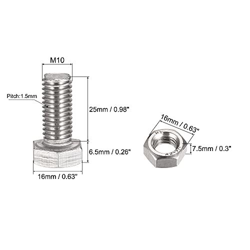 六角頭ねじ ボルト、ナット、フラット＆ロックワッシャーキット 304ステンレス鋼完全スレッド六角ボルト M10x25 mm_画像2