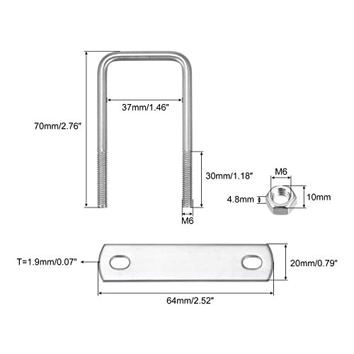 スクエアUボルト 304ステンレス鋼 37 mm内幅 70 mm長さ M6 Uクランプボルト ナットとプレート付き ボートトレーラー用_画像2