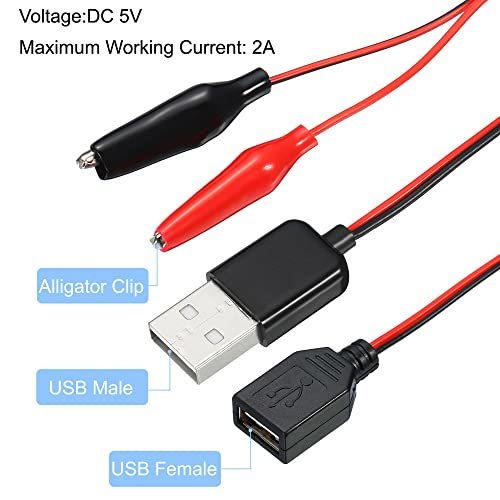 ワニクランプテストワイヤー USB オス&メス-ワニ口クリップ 充電試験 回路アダプタ用 ブラック レッド 60cm_画像3