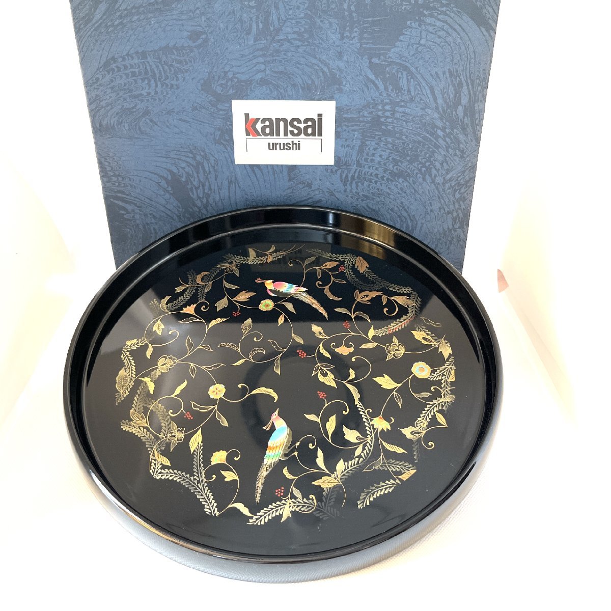 1000 jpy ~ KANSAI urushi circle tray .. boxed Yamamoto .. lacquer ware ... O-Bon phoenix bird black Japanese-style tableware Kansai tray tray [ road comfort Sapporo ]