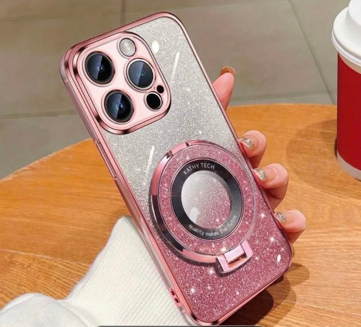 iPhone12 magsafe対応　磁気　グラデーション　ピンク　グリッターリング　ホルダー付き　ソフトケース 