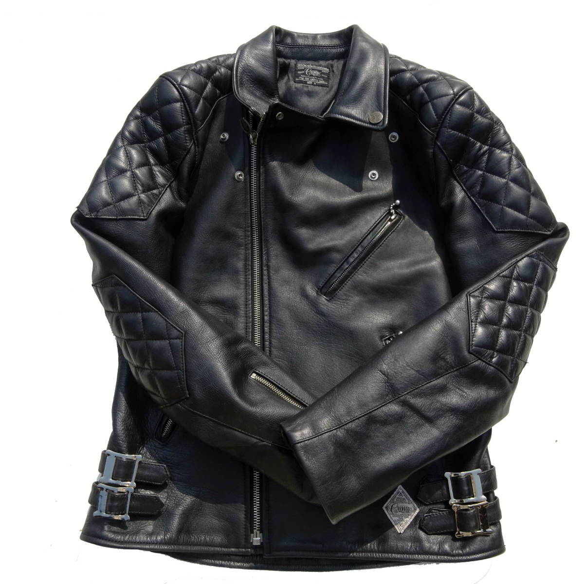 CRIMIE　クライミー　牛革レザーパーテッドダブルライダースジャケットMダイヤステッチボールチェーンバックル黒CRIMIE leather jacket_画像6