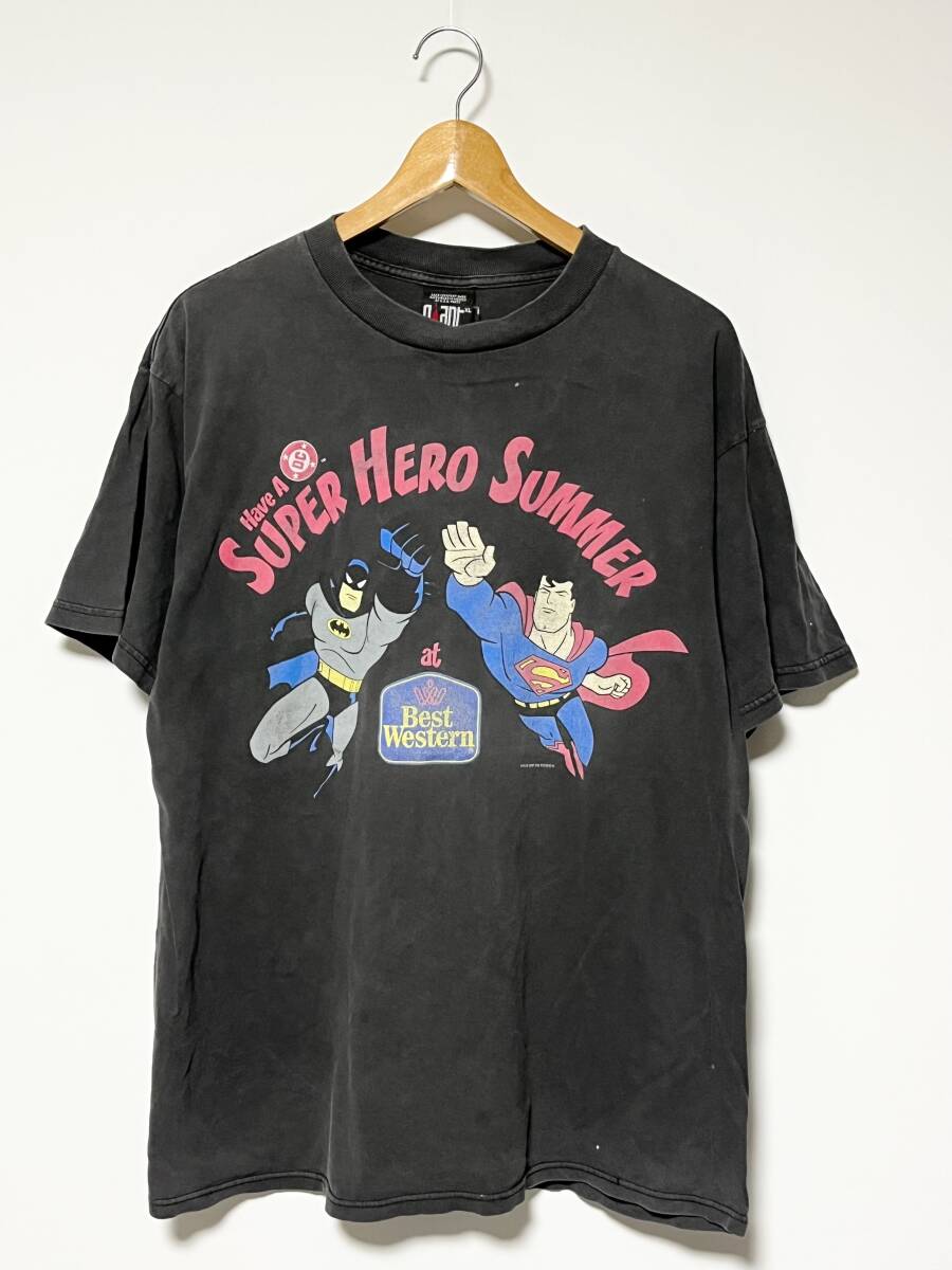 90's/フェード★BATMAN SUPERMAN バットマン スーパーマン DC COMICS Tシャツ XL ブラック ビンテージ