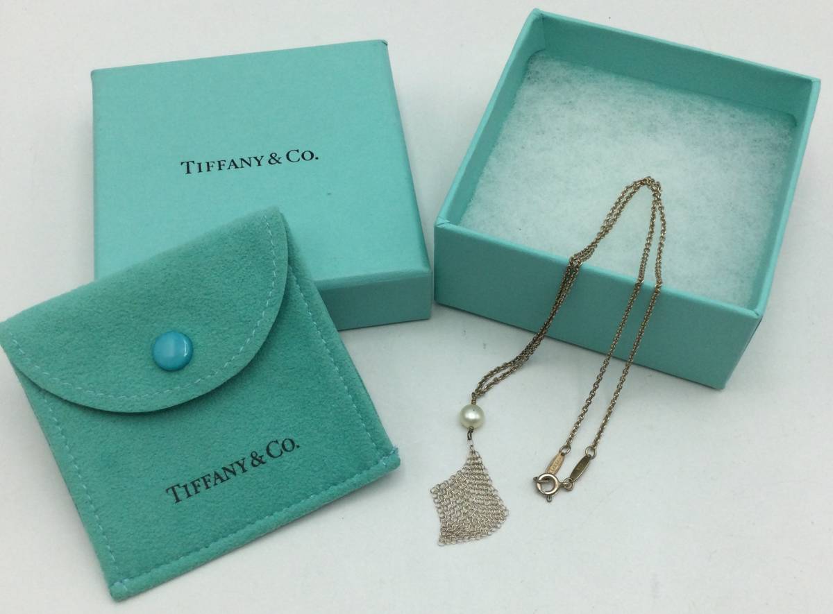 C3☆ Tiffany&Co. ティファニー フリンジ パール 約6mm メッシュ ネックレス SV925 約2.93g レディース 箱,保存袋付 現状品 ☆_画像1