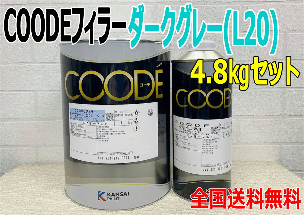 (在庫あり)関西ペイント　コーデフィラー　ダークグレー　Ｌ20　硬化剤付　4.8ｋｇ　セット　コーデ　自動車　鈑金　塗装　送料無料_画像1