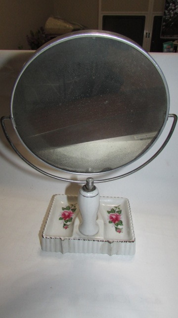 （旧家・蔵出し）（古い味わいのある薔薇模様陶器台に回転式鏡）昭和レトロ・貴重・珍品_画像4