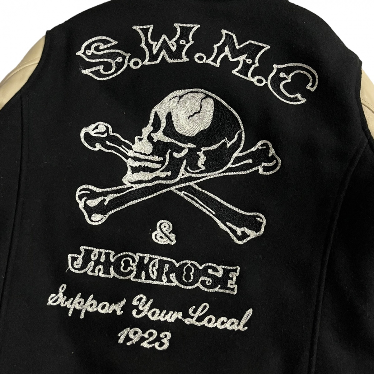 美品 JACKROSE VINTAGE ジャックローズ ×SKULL WORKS スカルワークス 背面 刺繍 ウール 袖レザー スタジャン ドクロ 武装戦線 3 ブラックの画像2