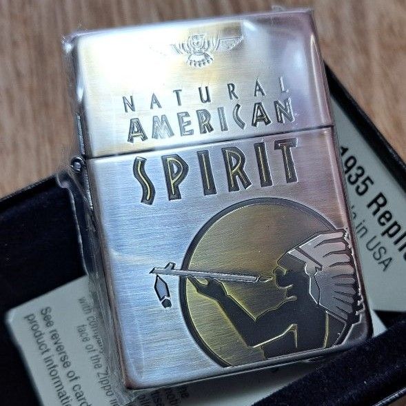 アメリカンスピリット特製zippo 2014年製1935レプリカダメージ加工2 面連続エッチング（限定500個・未開封・未使用品）