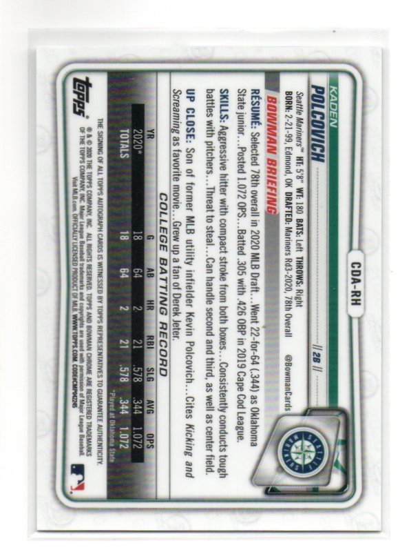 2020 Bowman Draft Baseball [KADEN POLCOVICH] 1st bowman Chrome Autograph (直筆サイン) Card MLB RC_画像2