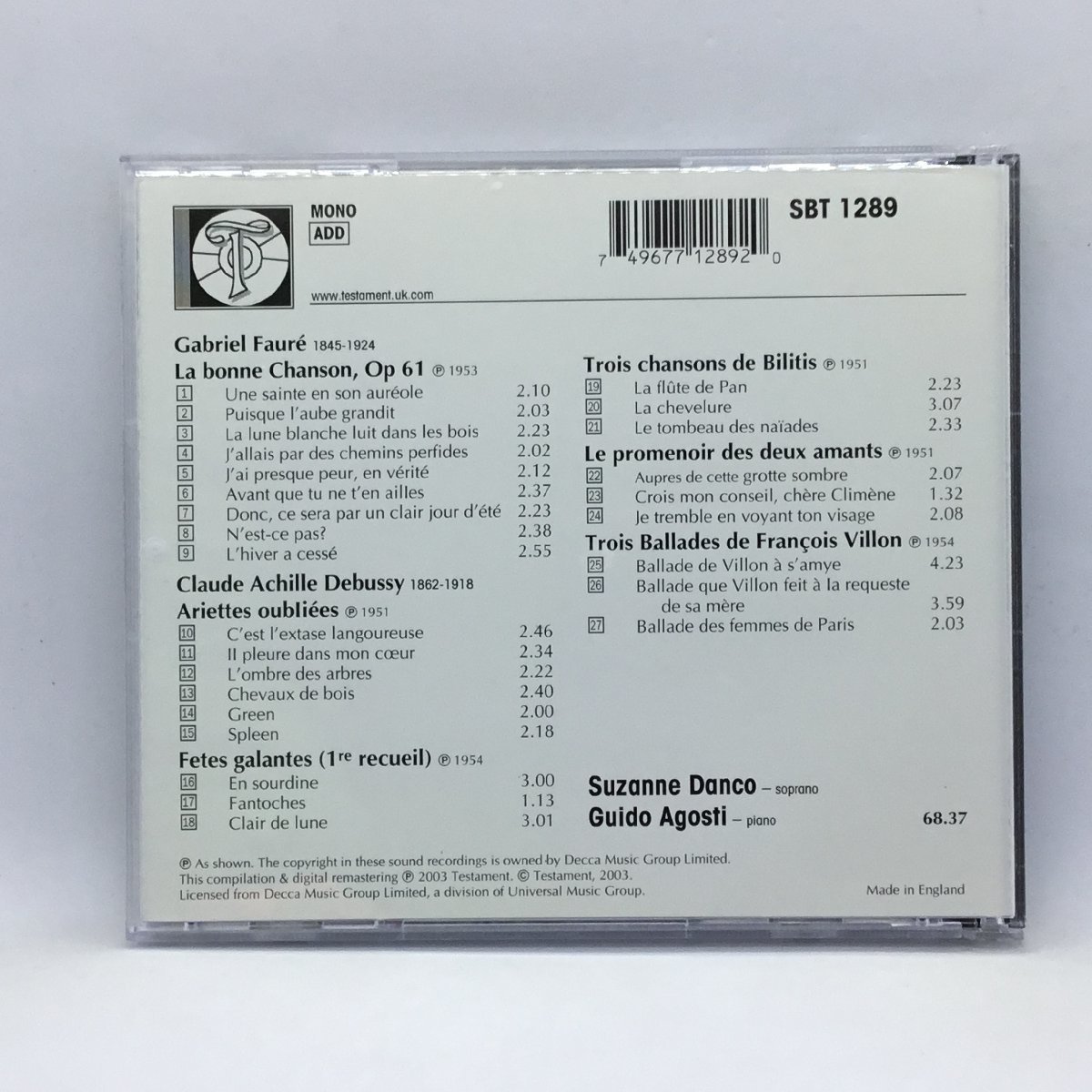 SUZANNE DANCO sings Faure & Debussy:Melodies (CD) TESTAMENT SBT 1289 の画像2