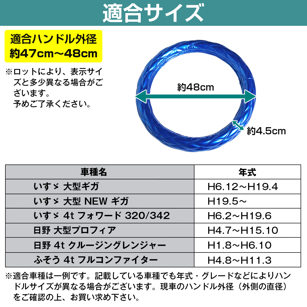 極太 太巻き エナメル ダブルステッチ ダイヤカット トラック ハンドルカバー 艶ブルー×青糸 XLサイズ 日野 大型プロフィア_画像6