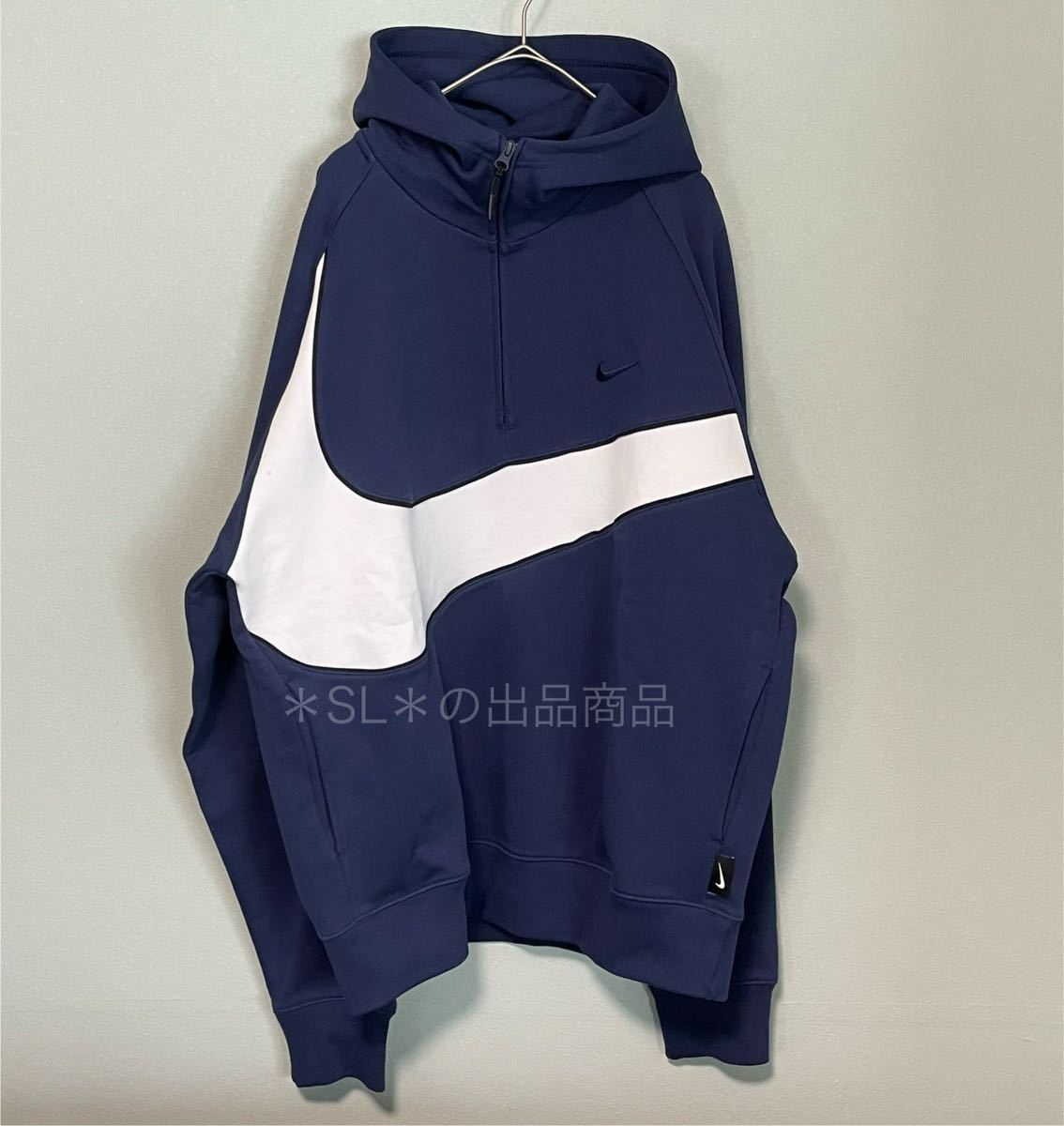 L 新品 ナイキ スウェット パーカー ビッグスウッシュ ハーフジップ 1/2 NIKE メンズ フーディ プルオーバー ネイビー_画像7