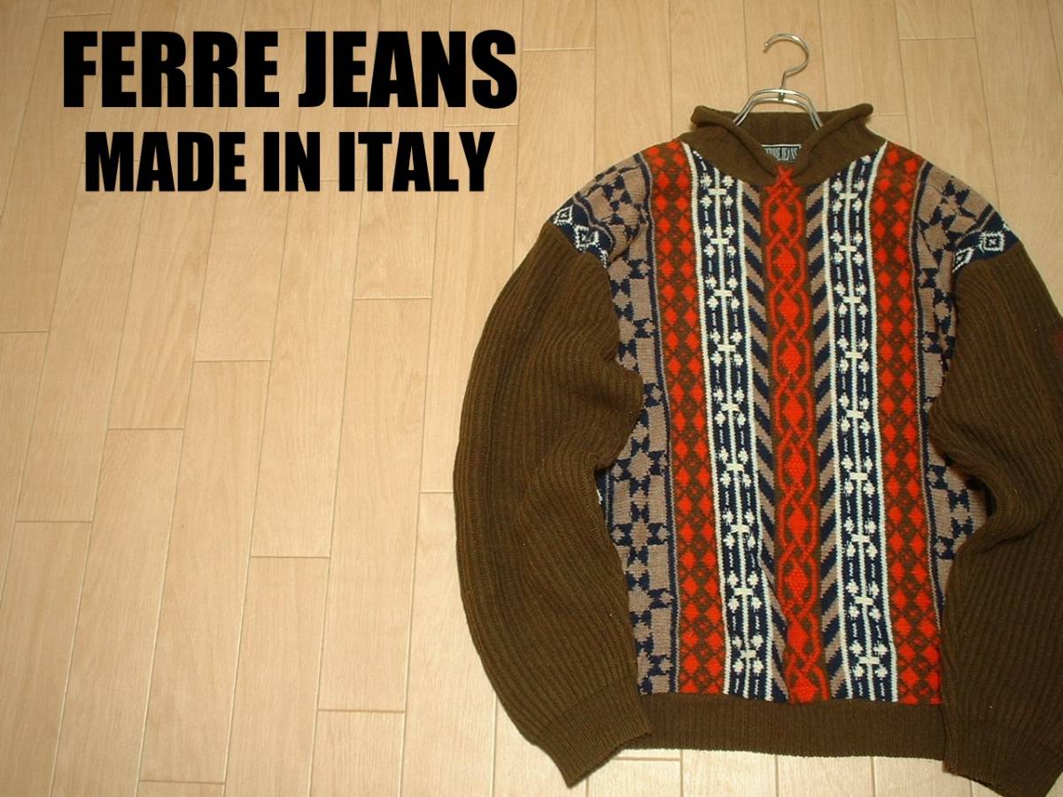 高級イタリア製FERRE JEANSロールネックウールセーターLネイティブ柄ブラウン正規フェレジーンズMADE IN ITALYジャガードノルディック_画像1