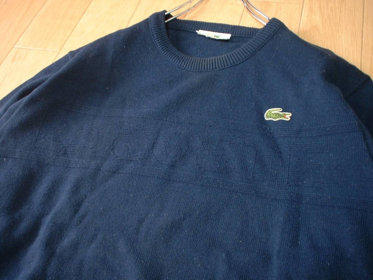 LACOSTE希少ビッグロゴ&ワンポイントウールセーター4(JAPAN-L程)濃紺ネイビー正規ラコステWOOL SWEATERクルーネック90sビンテージワニ_画像5