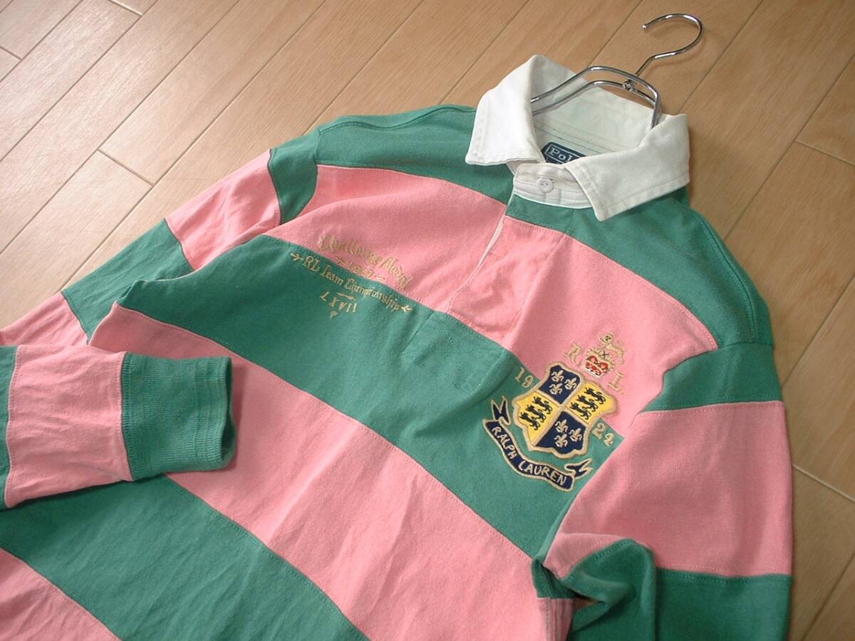 POLO by Ralph Lauren刺繍デコレーションラガーシャツM春色ボーダー正規ポロラルフローレンRUGBYラグビージャージポロBIG PONYビッグポニー_画像5