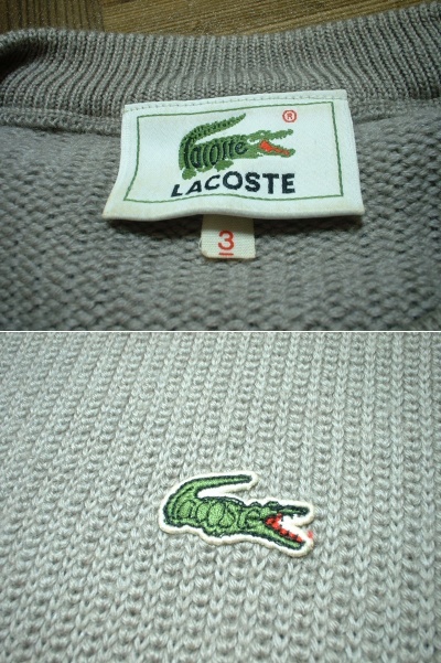 高級LACOSTEワンポイントウールセーター3(JAPAN-M程)グレージュ正規ラコステWOOL SWEATER柔らか暖か90sビンテージクルーネック_画像2