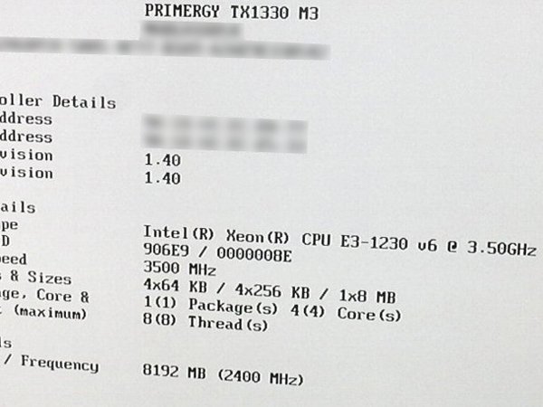 ■○ FuJitsu PRIMERGY TX 1330 M3 PS170/PYT1333TNS Xeon Ｅ3-1230 Ｖ6 3.50GHz/メモリ 8GB/HDD 900GB×2/OS無し/BIOS起動確認OKの画像3