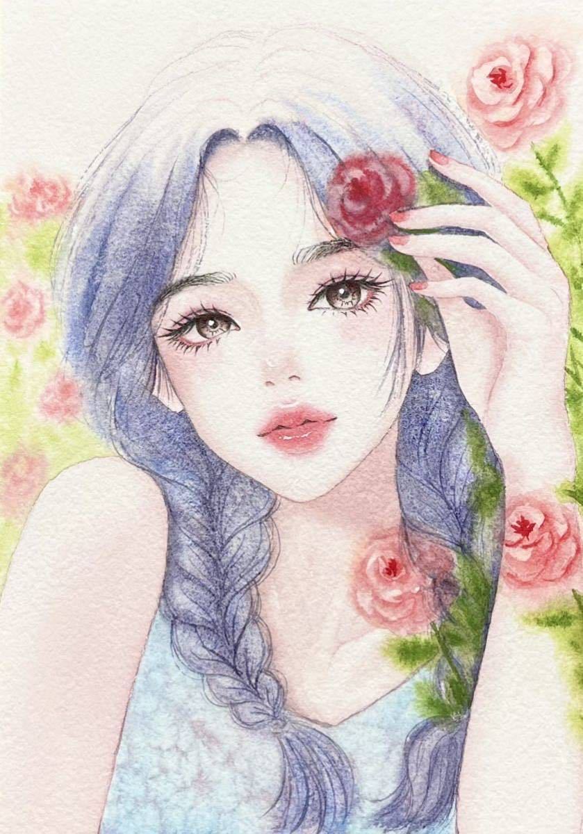 Yahoo!オークション - 手描きイラスト 水彩画 原画 バラと女の子 Yahoo!オークション - 手描きイラスト 水彩画 原画 バラと女の子