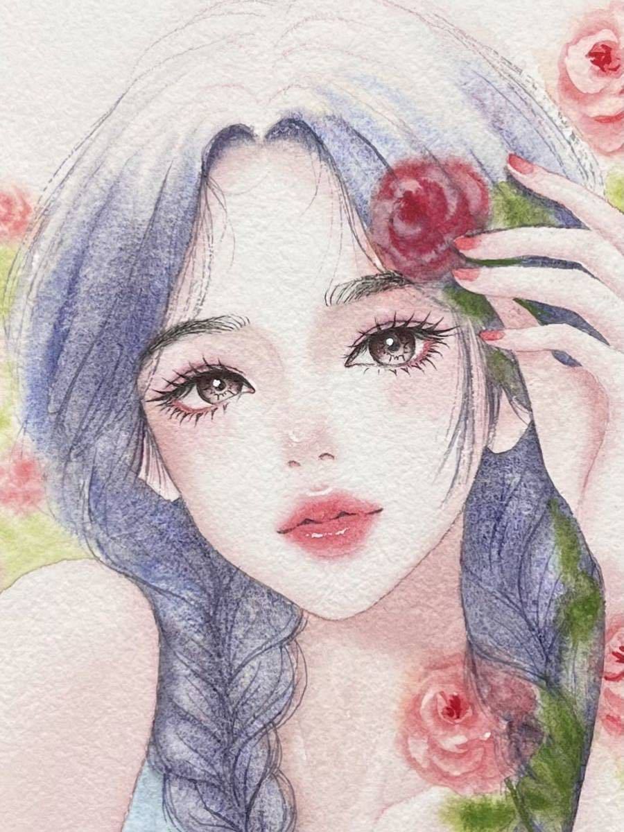 Yahoo!オークション - 手描きイラスト 水彩画 原画 バラと女の子 Yahoo!オークション - 手描きイラスト 水彩画 原画 バラと女の子