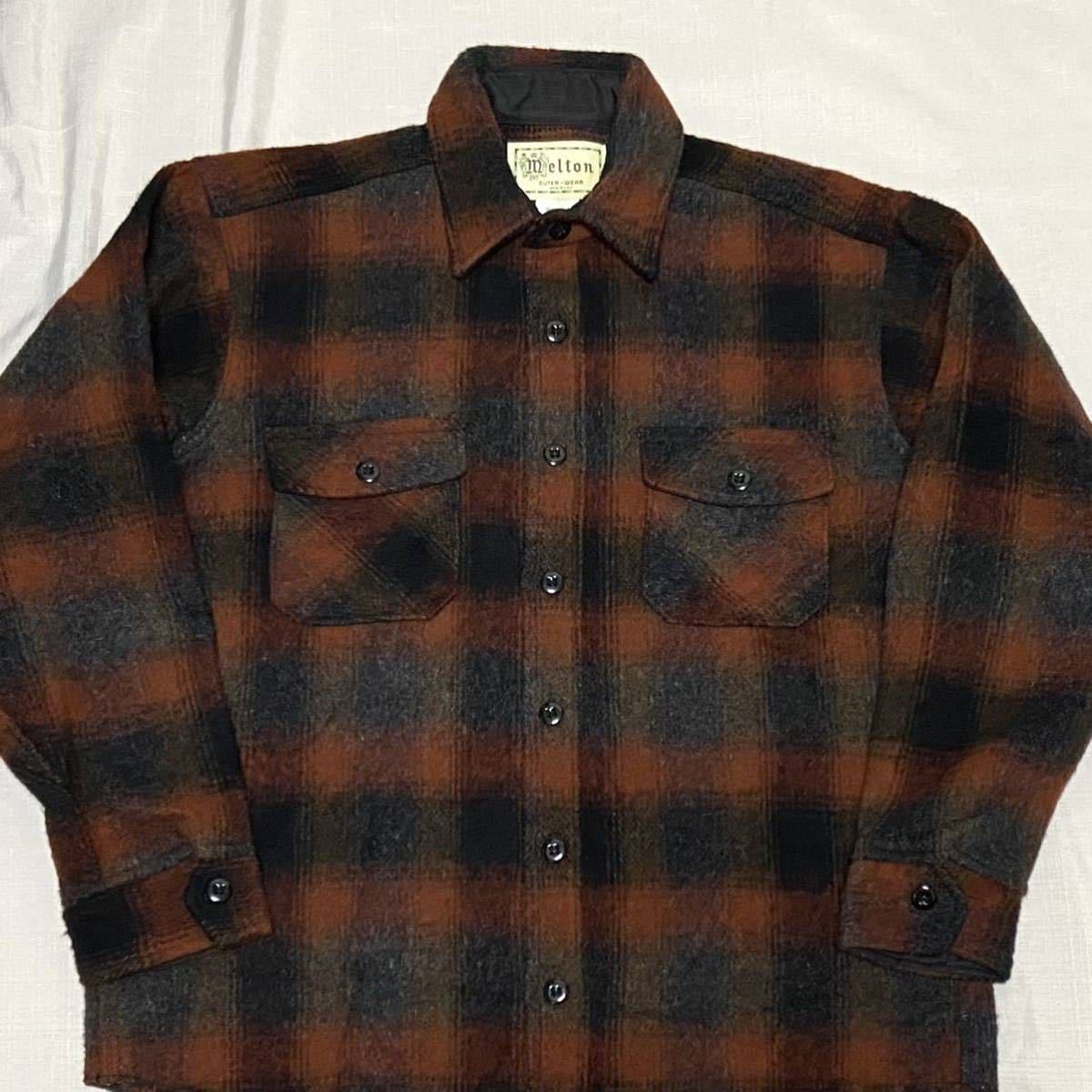 デッドストック並 美品 80sビンテージ MELTON 黒 シャドーチェック オンブレ ウール シャツ ジャケット L オリジナル USA製 ブラック 古着_デッドストックからワンウォッシュの美品。