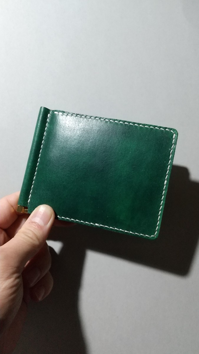 [ hand made ] cow leather hand dyeing deep green. card 6 sheets. +α. money clip 