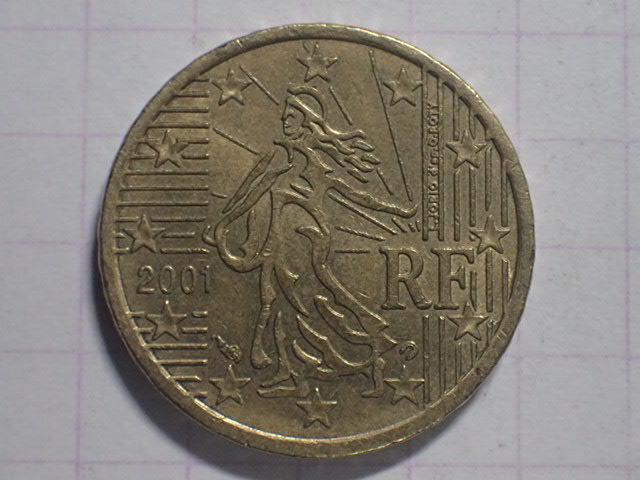 Ｆ19-蹄鉄 KM#1285 (最初の地図) フランス共和国 10ユーロセント(10 FRF)ノルディックゴールド貨 2001年_画像1