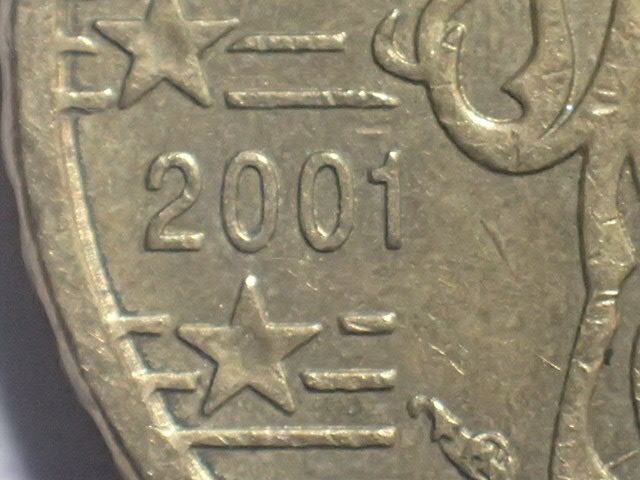 Ｆ19-蹄鉄 KM#1285 (最初の地図) フランス共和国 10ユーロセント(10 FRF)ノルディックゴールド貨 2001年_画像3