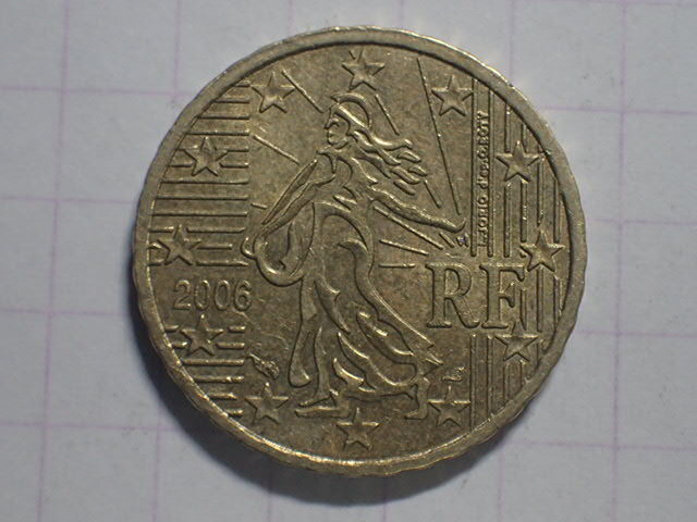 Ｆ20-狩猟笛 KM#1285 (最初の地図) フランス共和国 10ユーロセント(10 FRF)ノルディックゴールド貨 2006年_画像1