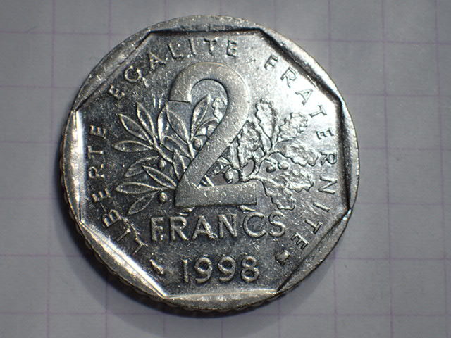 F52-ハチ KM#942.1 フランス共和国 2フラン(2 FRF)ニッケル貨 1998年_画像1