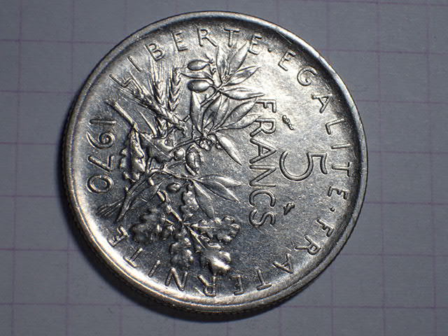 F53-フクロウ　フランス共和国 5フラン(5 FRF)ニッケルメッキ銅ニッケル貨 1970年 KM#926a.1_画像2