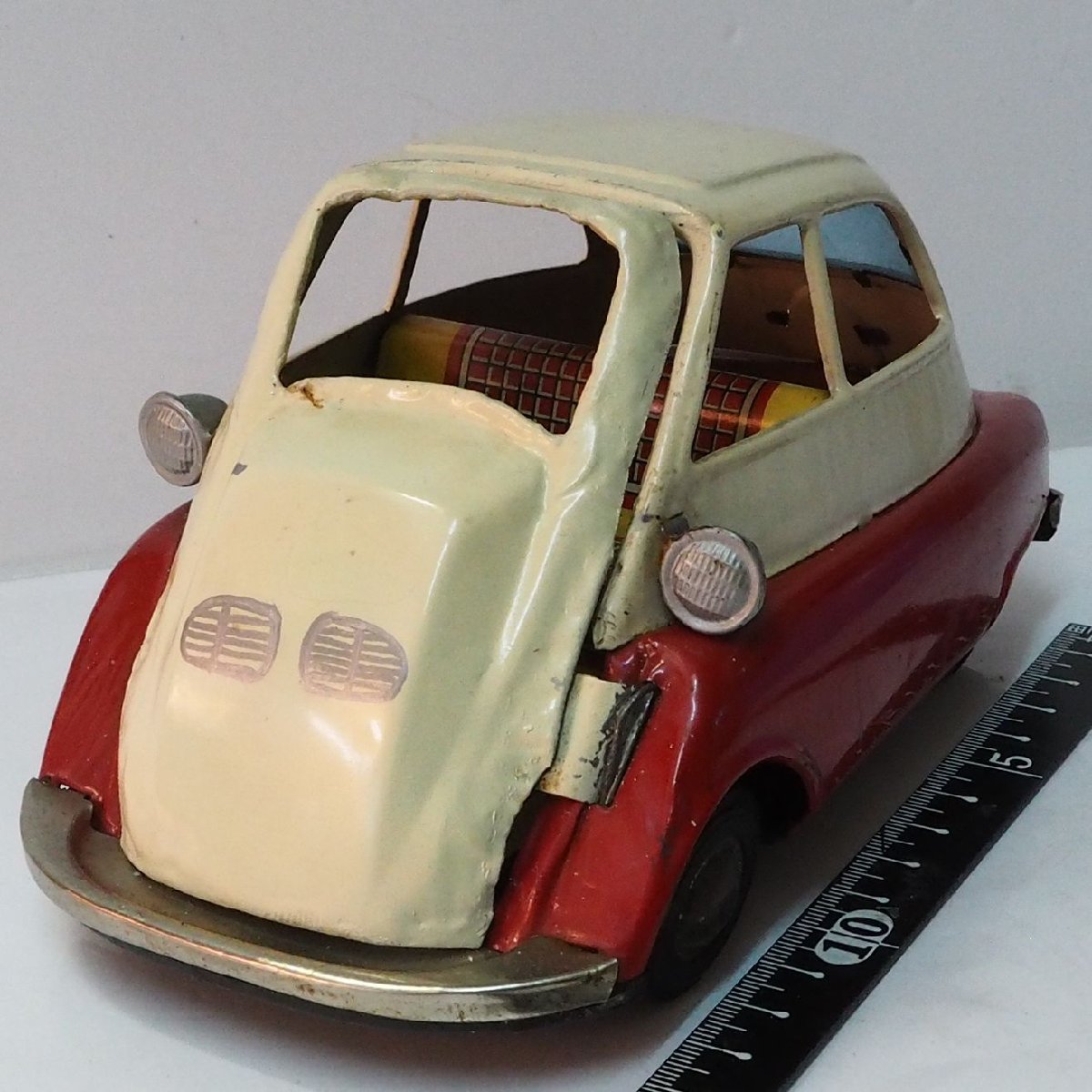 萬代屋【BMW ISETTA イセッタ 白/赤 前面ドア自作 フリクション動作確認済】ブリキ自動車TIN TOY■旧バンダイ B.C.BANDAI赤箱【箱無】0917