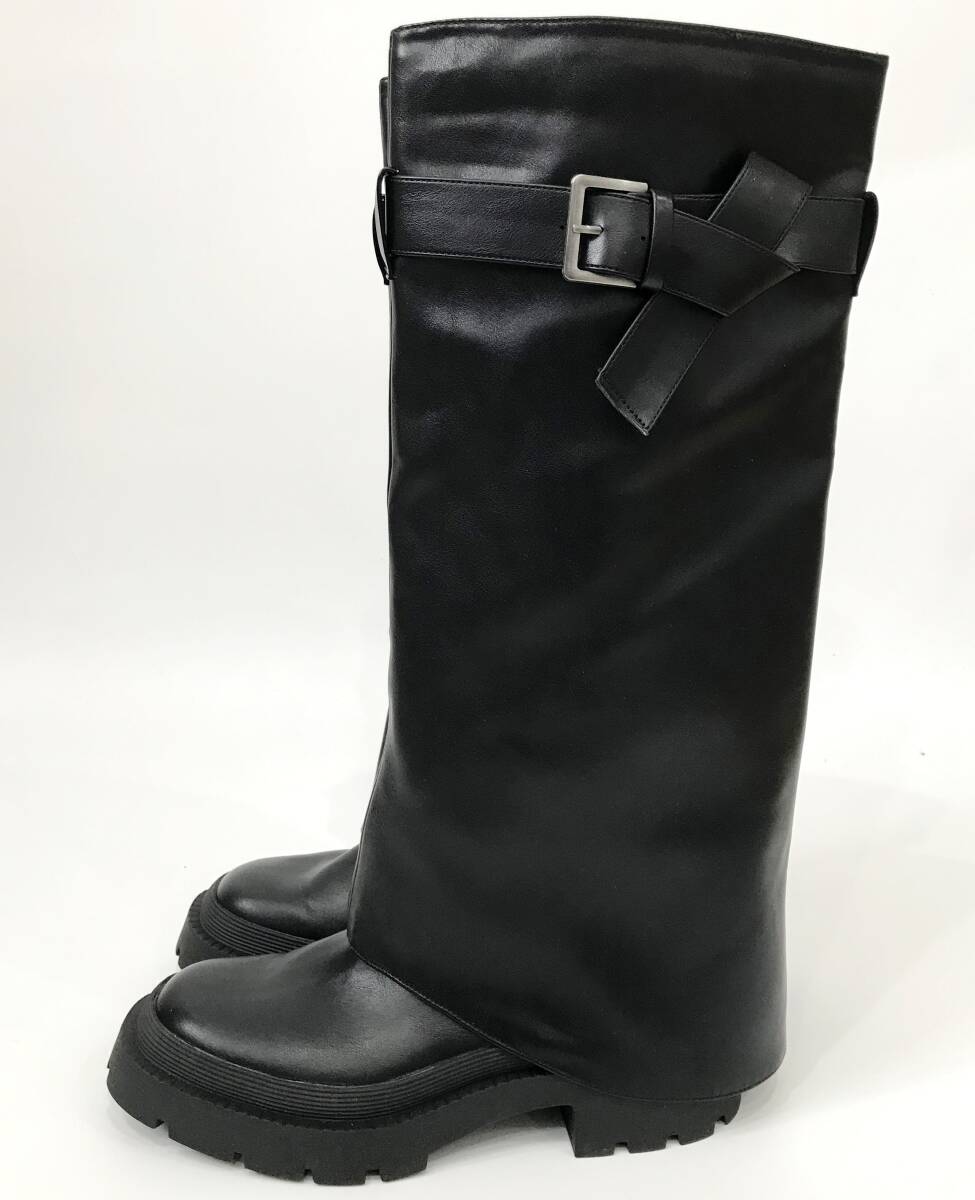 ZARA ニーハイゲートルブーツ 革靴 レザーシューズ カーフバックルストラップ ラウンドトゥ 黒 3830 210 800 2665 ザラ SIZE：39■0215G_画像1