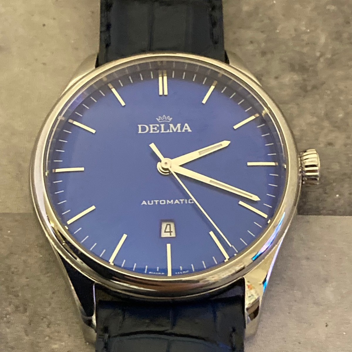 稼働 良品 DELMA デルマ 4.1601.688.6 自動巻 デイト 青文字盤 メンズ腕時計_画像1