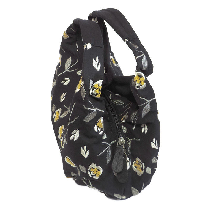 ミニラウンドバッグ　椿　黒　ミニバッグ 刺繍バッグ コンパクトバッグ つばき柄 ハンドバッグ 布製バッグ KUROCHIKU LINK_画像2