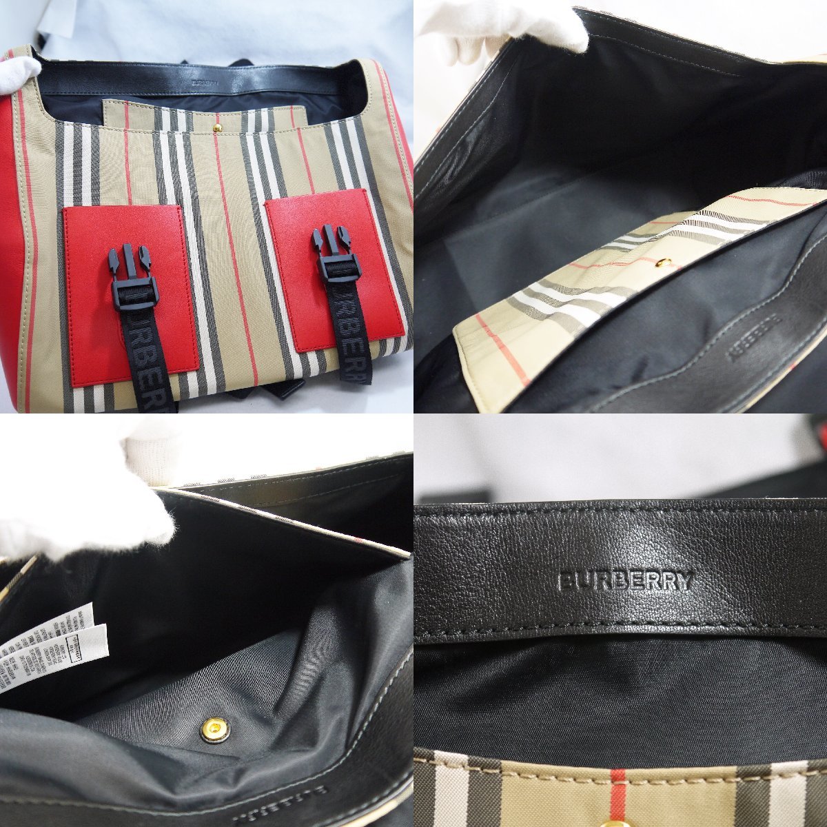 ★未使用クラス・保管品 BURBERRY バーバリー 8014353 チェック＆アイコン ストライプ バックパック ナイロン×レザー ベージュ/レッド_画像10