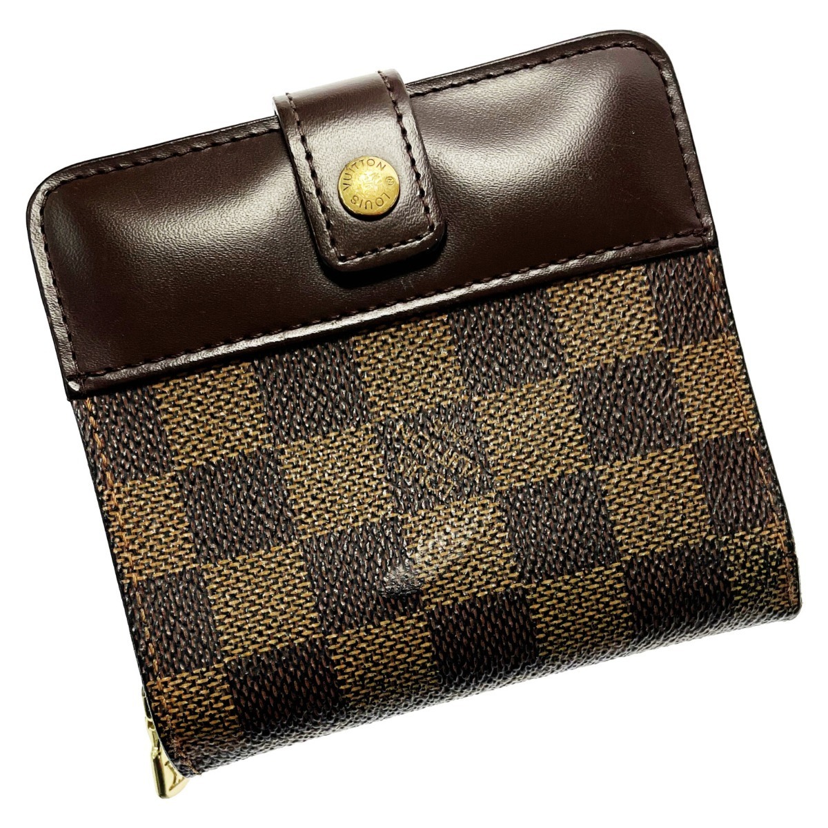 ☆☆ LOUIS VUITTON ルイヴィトン ダミエ コンパクト・ジップ N61668 ブラウン 2つ折り財布 レディース ゴールド金具 やや傷や汚れあり_画像1