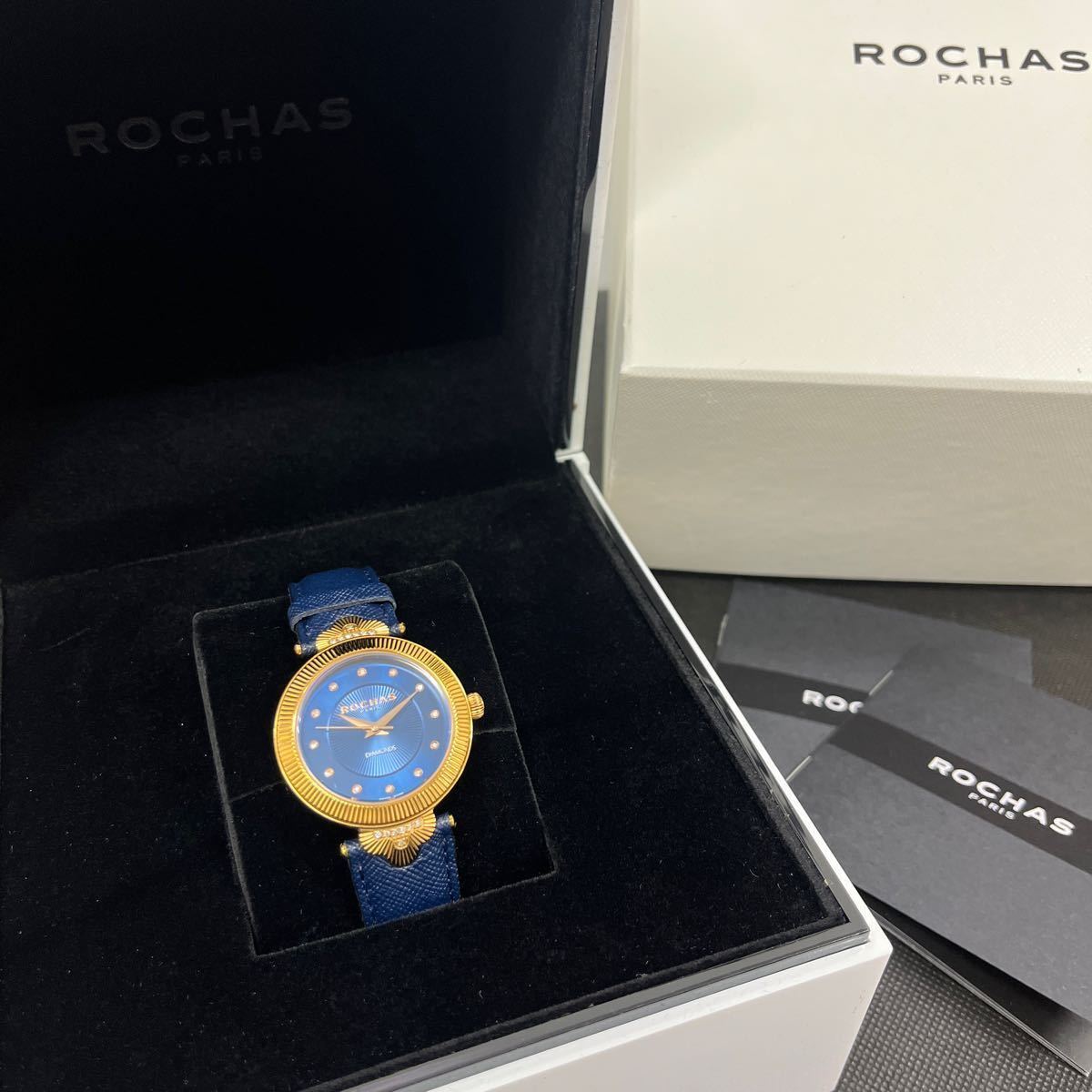 ROCHAS ロシャス ダイヤモンド クォーツ 箱 説明書 純正レザーバンド 腕時計 時計 不動品 240223 ◎インボイス対応可◎