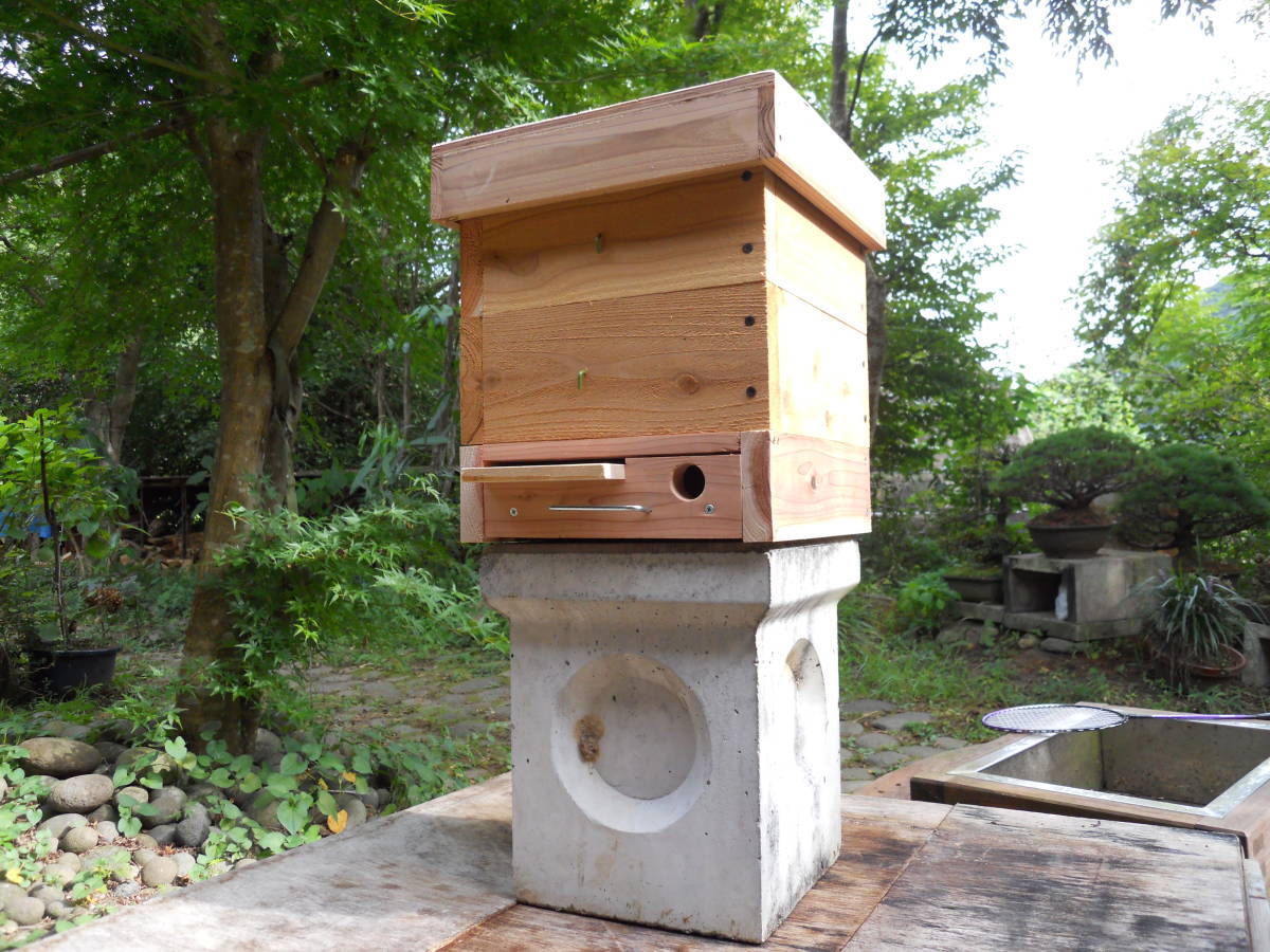 日本ミツバチ 重箱式用 天蓋、スノコ、巣門セット×3（外径30ｃｍ×30ｃｍ用）_待受け箱の設置例